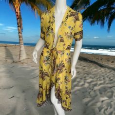 Self Tie Front, Flounce Hem, Short Sleeve, V Neckline. Bust 36”, Length 43”-50”. **Does Not Include Slip.** V-neck Tropical Print Beachwear Cover-up, V Neckline, Yellow And Brown, High & Low, High Low, Yellow, Women Shopping, Dresses, Color