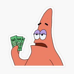 a cartoon character holding money in one hand and looking at the viewer with an angry look on his face