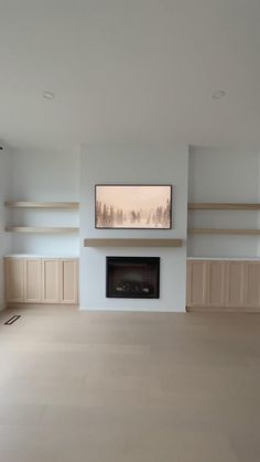 empty living room with fireplace and built in shelving