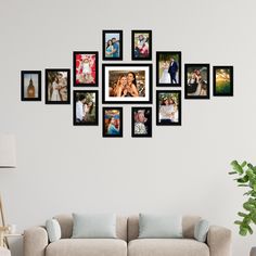 a living room filled with furniture and framed pictures on the wall above a beige couch