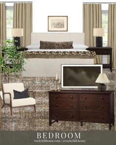 the bedroom is decorated in shades of brown, beige and white with an old - fashioned tv