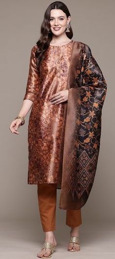 Beige and Brown color Salwar Kameez in Silk fabric with Cut Dana, Printed, Sequence work Formal Semi-stitched Jamawar Dupatta, Elegant Banarasi Silk Kurta With Sheer Dupatta, Elegant Zari Weaving Straight Kurta Set, Elegant Designer Churidar With Zari Weaving, Formal Chanderi Sets With Zari Weaving, Wedding Salwar Kameez With Unstitched Blouse And Straight Kurta, Wedding Salwar Kameez With Unstitched Blouse, Elegant Unstitched Suit With Pallu And Straight Kurta, Formal Banarasi Silk Sets With Zari Weaving