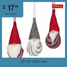 three christmas ornaments are on sale for $ 17 99 and one is red and white