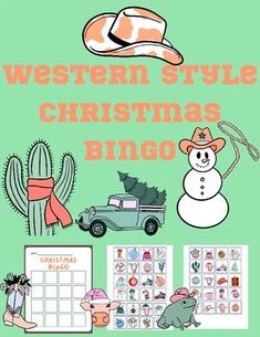 the western style christmas bingo game is shown in this green background with images of animals, snowman and cactus