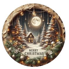 a christmas ornament with an image of a cabin in the woods at night