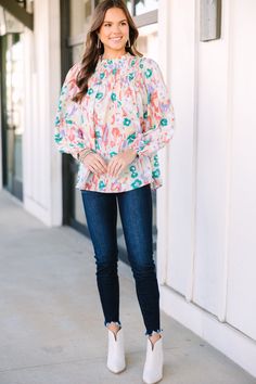 This blouse is going to raise your standards for other blouses! It's just the perfect combination of comfy and cute! That abstract floral print is so pretty in those colors too! This blouse will look great on you with your favorite jeans no matter if they are dark wash or a crisp white! This blouse features long sleeves with elastic cuffs, a smocked round neckline, and an abstract floral print. Material has no amount of stretch.Sydney is wearing the small. Raise Your Standards, Mint Julep Boutique, Abstract Floral Print, Model Fits, Brown Floral, Grey Floral, Floral Blouse, Abstract Floral, Favorite Jeans