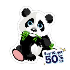 a panda bear sitting on top of a pile of bamboo leaves with the words buy 10 get 50 % off