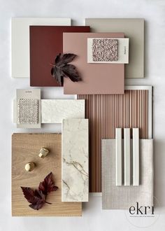 an assortment of different colors and materials for the interior design project, including wood, stone, marble, tile