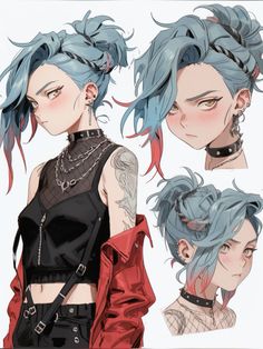 an anime character with blue hair and piercings