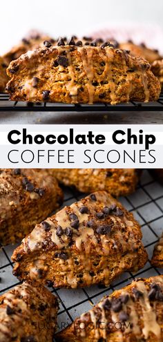 chocolate chip coffee cookies cooling on a wire rack with the words, chocolate chip coffee scones