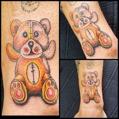 four different pictures of a teddy bear on someone's arm with tattoos and piercings