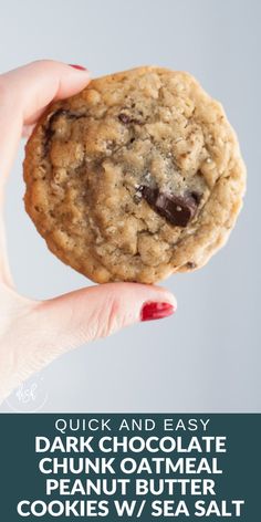 a hand holding a chocolate chip oatmeal cookie with the words quick and easy