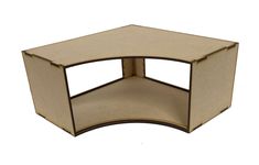 the corner table is made out of cardboard and has two shelves on each side, one with