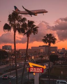 an airplane is flying over the inn - out burger sign in front of palm trees