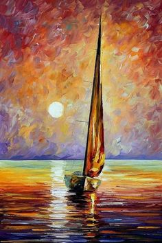 a painting of a sailboat in the ocean at sunset with an orange and yellow sky