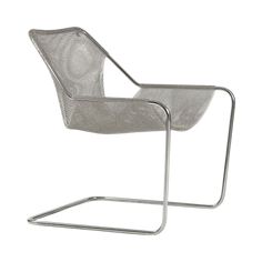 a white chair with a metal frame and mesh seat pad on the back, in front of a white background