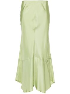 green silk twill weave lace panel to the side whipstitch detailing elasticated waistband ankle-length lettuce hem unlined Green Satin Skirt, Green Silk Skirt, Silk Maxi Skirt, Trumpet Skirt, Lettuce Hem, Silk Maxi, Twill Weave, Satin Skirt, Silk Twill