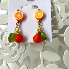 Cute Summertime Fashion Earrings, Gold Tone Wire And Post, Glass Beads And Made With Love . 1 Orange 2 Lemons 3 Lime Green Lemon Cute Orange Jewelry For Party, Cute Orange Party Jewelry, Fun Orange Beaded Jewelry, Yellow Fruit Design Earrings For Gift, Yellow Fruit Design Earrings Gift, Trendy Handmade Yellow Beaded Earrings, Yellow Fruit Design Earrings As Gift, Yellow Round Beaded Earrings For Gifts, Nickel-free Yellow Beaded Earrings For Gifts