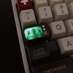 a computer keyboard with a green hand on it's backlit keypad and the words caps lock checkout