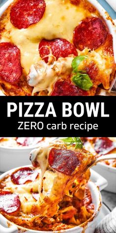 the pizza bowl is loaded with pepperoni and cheese, then topped with melted cheese