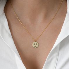 "Super cute smiley face medallion! Simply wearing it will immediately put a smile on your face! Good reminder to BE HAPPY! :) - - - D E T A I L S - - - * Made of 925 Sterling Silver * THICK plating of 14k Gold or Rhodium * 16\" Chain + 3\" Ext * 15mm Charm * Nickel-Free & Hypoallergenic * Lobster Clasp Closure Made with 100% Pure Love ♡ Happy to answer you questions you may have! 🥰" Smiley Face Round Jewelry For Friendship, Playful Gold Jewelry With Smiley Face, Round Smiley Face Jewelry For Friendship, Playful Gold Smiley Face Jewelry, Playful Smiley Face Jewelry For Everyday, Playful Smiley Face Jewelry For Gifts, Cheerful Smiley Face Jewelry For Everyday, Cheerful Smiley Face Jewelry As Gift, Smiley Face Jewelry