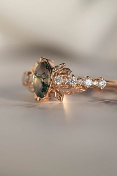 Marquise cut moss agate engagement ring, nature inspired gold leaf ring / Verbena Engagement Ring Nature, Gold Leaf Ring, Agate Wedding Ring, Engagement Rings Romantic, Nature Engagement Ring, Agate Wedding, Handcrafted Engagement Ring, Gold Leaf Rings, Nature Inspired Engagement Ring