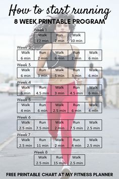 a woman running with the text how to start running 8 week printable program