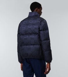 Jumbo GG puffer jacket in blue - Gucci | Mytheresa Jacquard Jacket, Gucci Outfits, Canvas Jacket, Wear Green, Chore Jacket, Gucci Men, Black Canvas, Padded Jacket, Blue Jacket