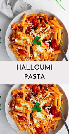 two bowls filled with pasta and sauce on top of a white table next to parsley