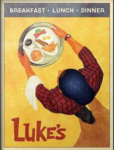 an advertisement for luke's breakfast and lunch dinner, featuring a man holding a plate with