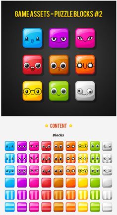 the game asset puzzle blocks 2 is shown in different colors and sizes, including one with eyes