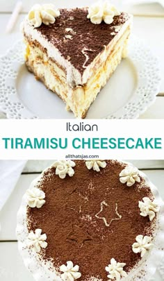 two different types of cheesecakes on plates with the words italian, triansu cheesecake