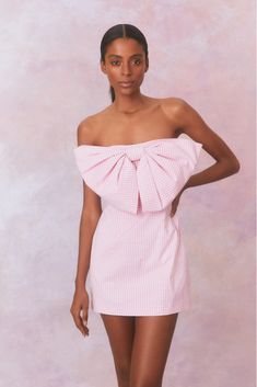 Love Shack Fancy Mini Dress, Love Shack Fancy Bow Dress, Summer Mini Dress With Bow Detail, Chic Pink Mini Dress With Bow Tie Back, Pink Feminine Mini Dress With Bow Tie Back, Pink Gingham Dress, Fancy Bows, Rush Dresses, Warm Dresses