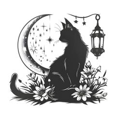 a black cat sitting on the ground next to a lantern and flowers with stars around it