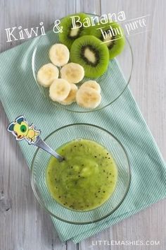 kiwi and banana baby puree in a glass bowl on a green napkin with cut bananas