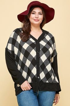 Introducing our Plus Size Buffalo Plaid Knit Button-Up Oversize Cardigan, a cozy and stylish addition to your wardrobe. Expertly crafted with meticulous attention to detail, this cardigan features a classic buffalo plaid pattern, a convenient button-up design, and an oversize fit for ultimate comfort.Key Features:1. Fabric: Immerse yourself in the plush feel of 96% Polyester and 4% Spandex, ensuring the perfect combination of warmth and flexibility.2. Fit: Enjoy a relaxed and oversize fit with s Oversize Cardigan, Buffalo Plaid Pattern, Outfit Inspo Casual, Plus Size Outerwear, Activewear Sets, Trendy Plus Size Clothing, Oversized Cardigan, Plaid Design, Winter Looks