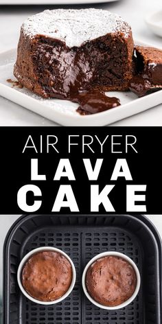 air fryer lava cake with chocolate frosting on top and in the bottom, there are two cupcakes next to each other