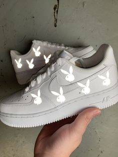 White Reflective Bunny Air Force 1 by cloutcvlture All White Air Forces, Nike Air Forces, White Air Force 1, Bandana Pattern, Custom Air Force 1, Air Forces, Red Bandana