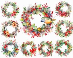 watercolor christmas wreaths with berries and pine cones