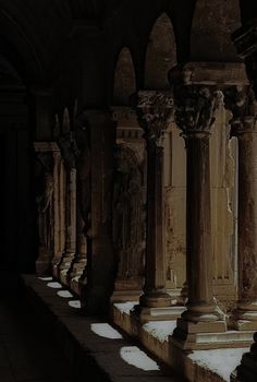 the sun is shining through the windows in an old building with columns and statues on either side