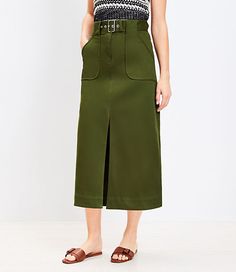 A belted waist and utility-chic pockets fresh up this long, flowing structured woven skirt with modern attitude. Front zip with button closure. Belt loops with adjustable buckle self belt. Front patch pockets. Front slit.,Imported:Imported,Length:36" long,Fabrication:98% Cotton 2% Spandex,Garment Care:Machine Washable Loft Tall Midi Utility Pocket Skirt Size 4 Valiant Green Women's by Loft Size Regular - 4 Valiant Green Women's Midi/Maxi, Skirt, 98%, Cotton, 2%, Spandex, Machine, Washable Green Pencil Skirts, Pocket Skirt, Cotton Midi Skirt, Tall Dresses, Petite Skirt, Midi Skirt Pencil, Women Midi, Linen Shop, Midi Maxi Dress