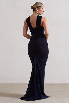 Aida | Navy Ruched V-Neck Split Maxi Dress Stretch V-neck Maxi Dress With Ruched Back, Fitted V-neck Ruched Maxi Dress, Fitted V-neck Maxi Dress With Ruched Detail, Fitted Ruched Maxi Dress With V-neck, Ruched V-neck Elastane Maxi Dress, Elegant Bun, Ruched Maxi Dress, Split Maxi Dress, Ruched Bodice