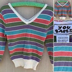 vintage You Babes striped v-neck front v-neck back sweater top size L 70s 80s | eBay Striped Fitted V-neck Sweater, Retro Striped V-neck Top, Retro Multicolor V-neck Sweater, Multicolor Retro V-neck Sweater, 90s V-neck Tops For Fall, Fitted Striped V-neck Sweater, Vintage Striped Sweater For Spring, 80s Striped Shirt, Goblin Clothes