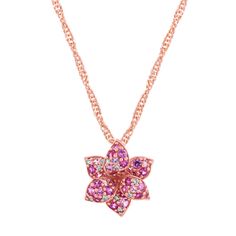 Natural diamonds and varying shades of natural pink sapphire decorate the petals of this flower pendant with stunning color. Crafted in vivid 14-karat rose gold  a matching Singapore chain with a lobster clasp keeps this look secure. Fine Jewelry Pink Flower Pendant Necklace, Pink Flower Pendant Necklace In Fine Jewelry Style, Pink Flower Pendant Necklace Fine Jewelry, Rose Gold Flower Charm Necklace, Luxury Pink Flower Pendant Jewelry, Mini Mosaic, Diamond Flower Pendant, Sweet Necklace, Jewelry Cleaning Solution