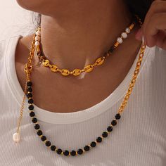 Style: Female Material: Titanium Steel, Freshwater Pearl, Tiger Eye's Stone, Agate Pearl Type: Cultured Pearl Color: White Pearl Shape: As Photos Necklace Length: 62cm & 41+6cm Nose Design, Pig Nose, Collar Chain, Photo Necklace, Fresh Water Pearl, Tiger Eye Stone, Black Agate, Pearl Types, Steel Necklace