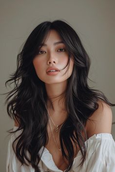 Wedding Shag Hair, Shaggy Asian Hair, Face Framing Layers Asian Hair, Asian Hairstyles Long, Layered Wavy Hair With Bangs, Japanese Haircut Long, Wide Face Hairstyles, Wavy Asian Hair, Long Asian Haircut