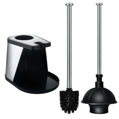 a black and silver toilet brush holder next to a trash can with two brushes on it