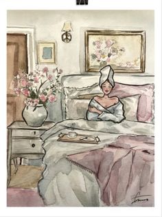 a watercolor painting of a woman laying in bed with flowers on the side table