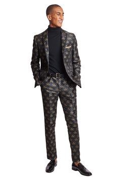 A black bee print distinguishes this Grosvenor Jacket from the rest. If you are seeking to make a fashion statement, this tuxedo jacket is the perfect choice for you. Aside from turning heads at any event, it will also become the talk of the party. Wear it with the matching pants and a satin bow tie to give it a polished appearance.PRODUCT DETAILS: style 6464J slim fit suit jacket 1 button jacket peak lapel complimentary pocket square side vents 100% polyester dry clean only imported Luxury Black Tuxedo For Fall, Luxury Black Suit For Fall, Designer Black Suits For Fall, Fall Suit, Black Bee, Formal Pants, Bee Print, Peak Lapel, Tuxedo Jacket