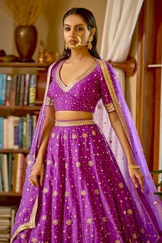 Purple attached cancan lehenga with nakshi, zardozi embroidery in floral pattern. Paired with V neck embroidered padded blouse and dupatta. - Aza Fashions Fitted Chanderi Sharara With Meenakari Details, Fitted Chanderi Sharara With Meenakari, Reception Meenakari Chanderi Choli, Purple Meenakari Sets For Diwali, Designer Fitted Meenakari Choli, Meenakari Chanderi Choli For Reception, Fitted Meenakari Lehenga For Reception, Purple Meenakari Wedding Sets, Anarkali Style Purple Lehenga With Meenakari